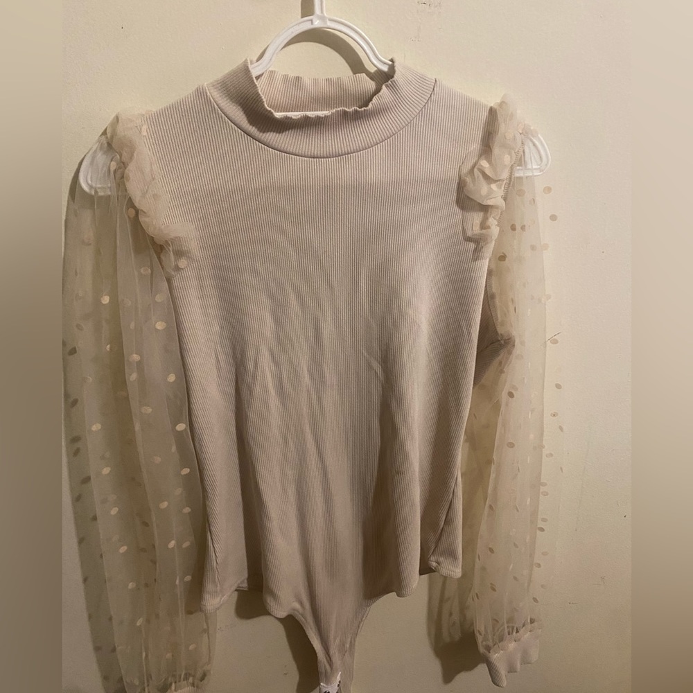 Women's  Turtle Neck Polka Dot Sheer Mesh Puff Long Sleeve Bodysuit Blouses